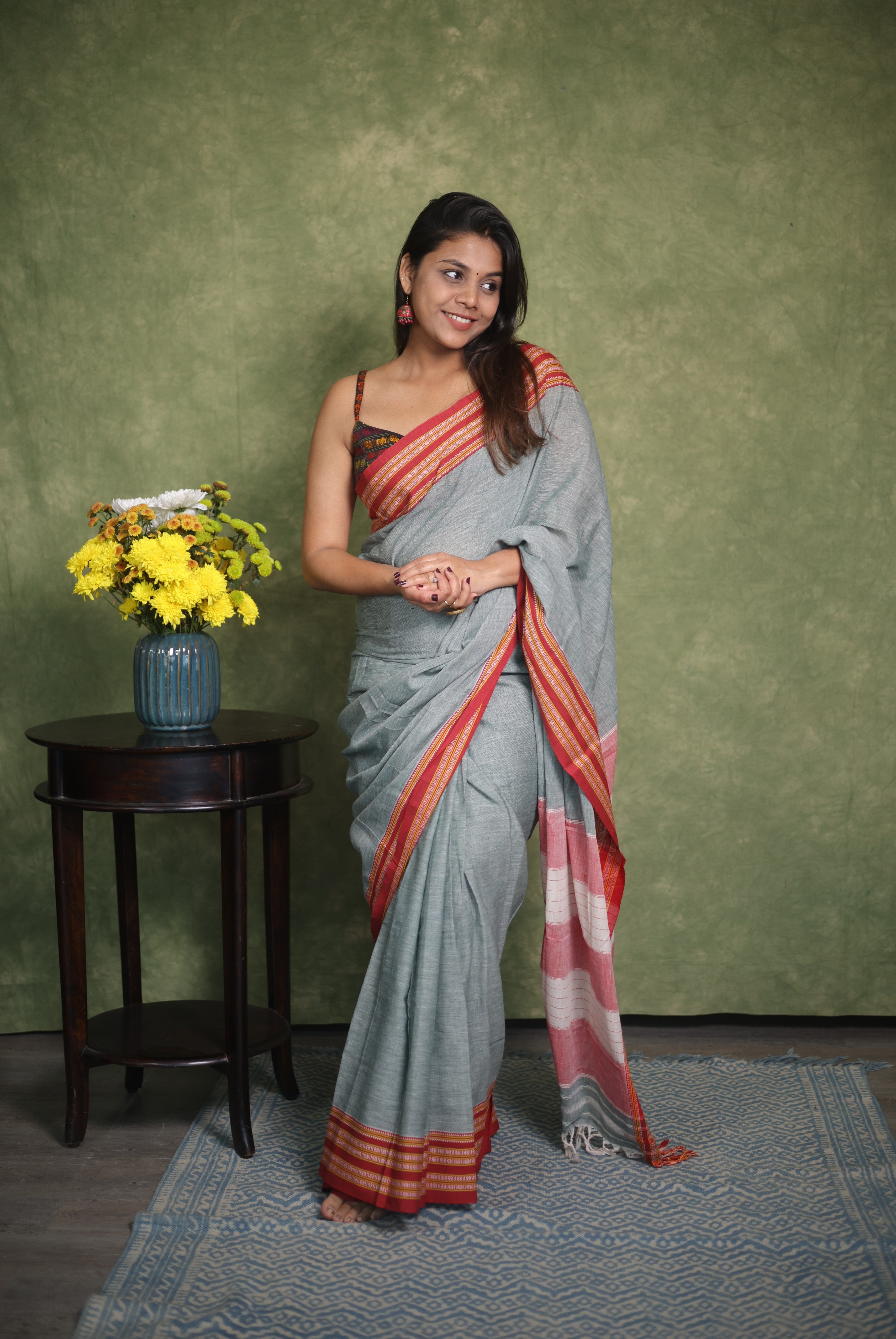 Grey Plain Cotton Patteda Anchu Saree - SRGPAS279