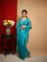 Teal Green Hand Embroidery Organza Sarees - SRTGHMOS13