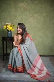 Grey Plain Cotton Patteda Anchu Saree - SRGPAS279