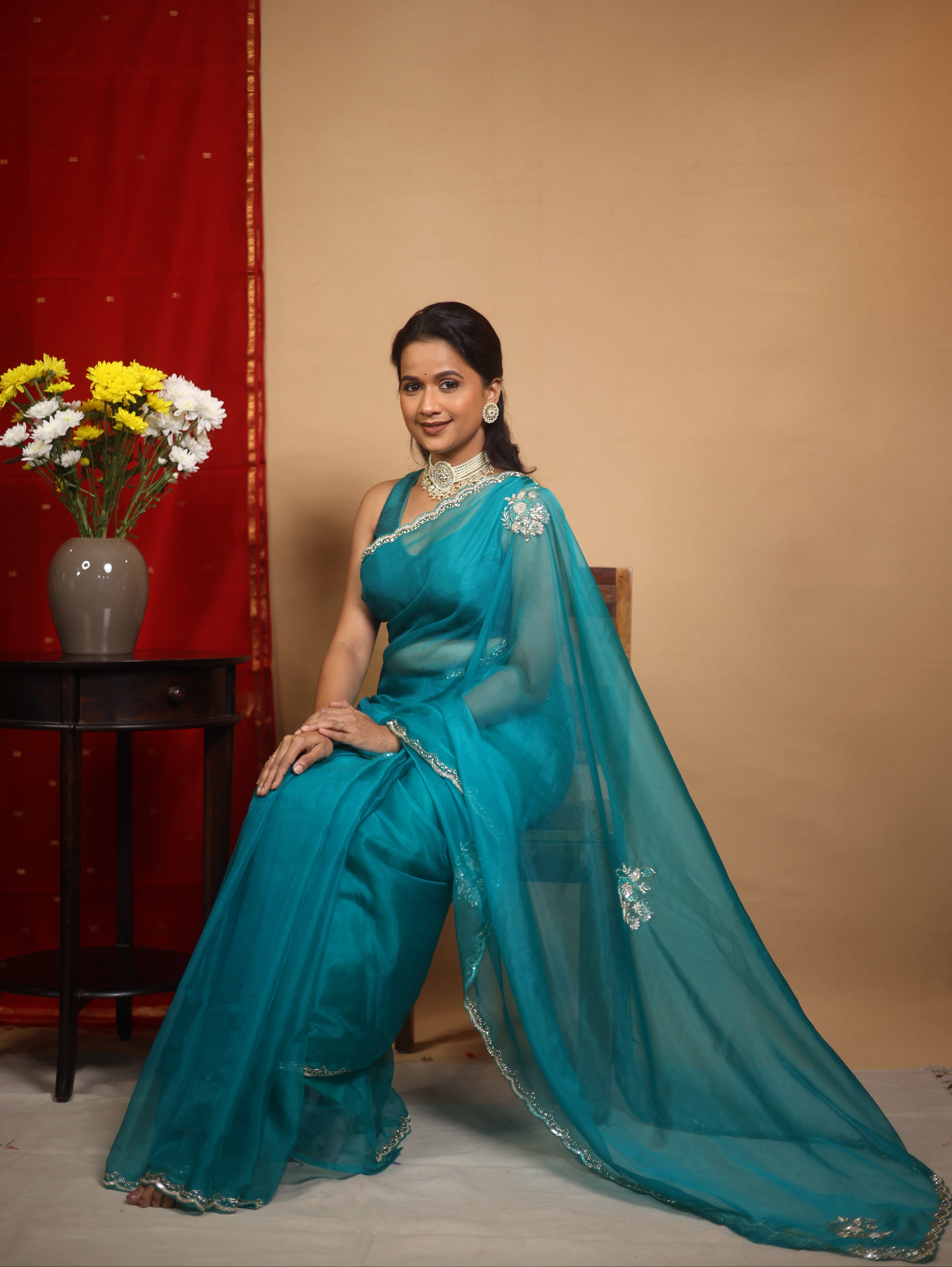 Teal Green Hand Embroidery Organza Sarees - SRTGHMOS13
