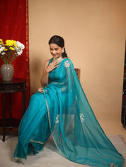 Teal Green Hand Embroidery Organza Sarees - SRTGHMOS13