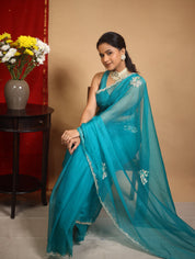 Teal Green Hand Embroidery Organza Sarees - SRTGHMOS13