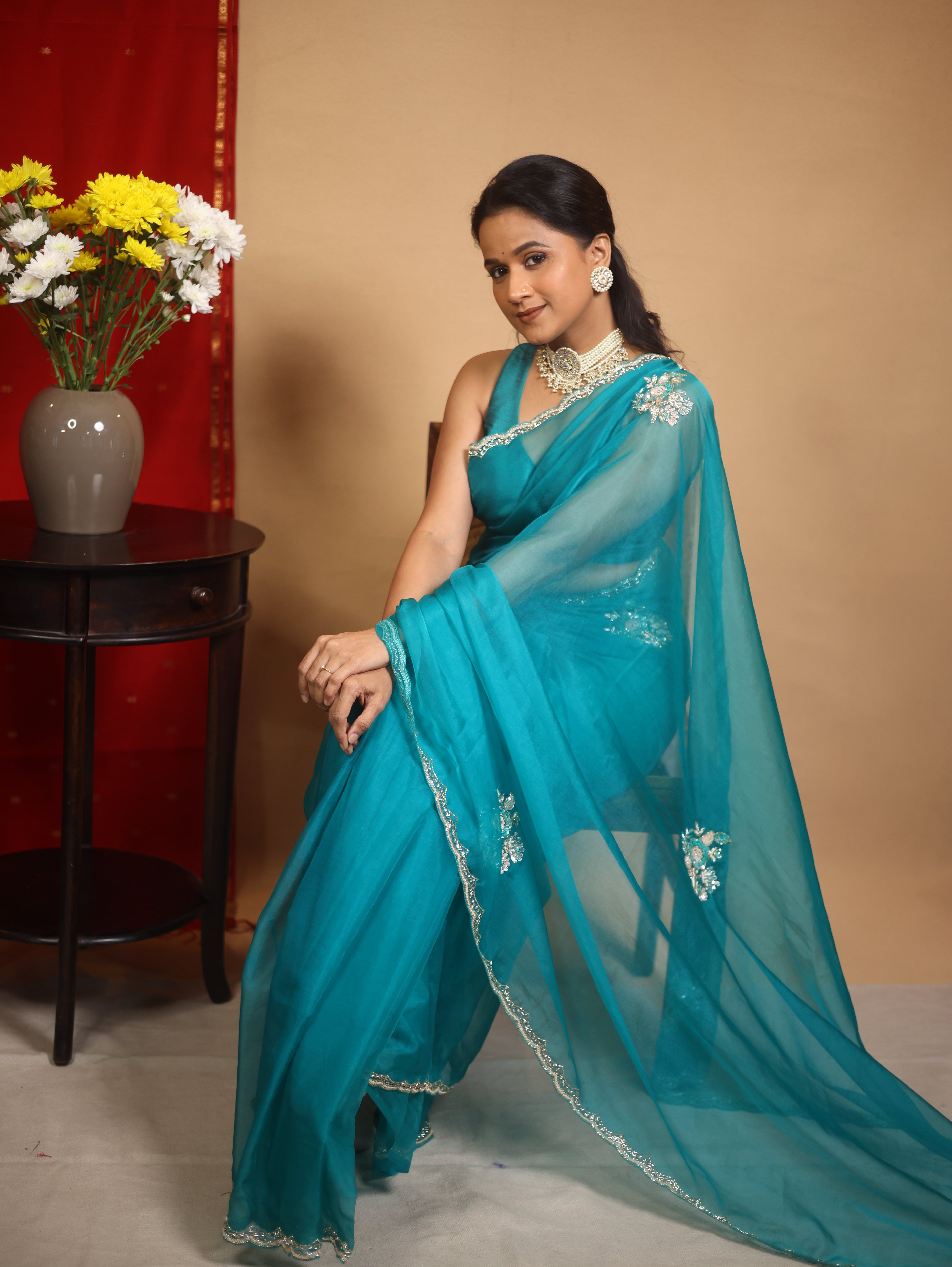 Teal Green Hand Embroidery Organza Sarees - SRTGHMOS13