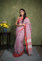 Maroon White Plain Cotton Patteda Anchu Saree - SRMWPAS277