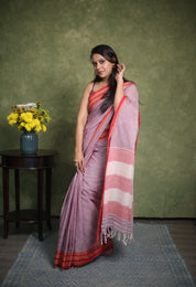 Maroon White Plain Cotton Patteda Anchu Saree - SRMWPAS277