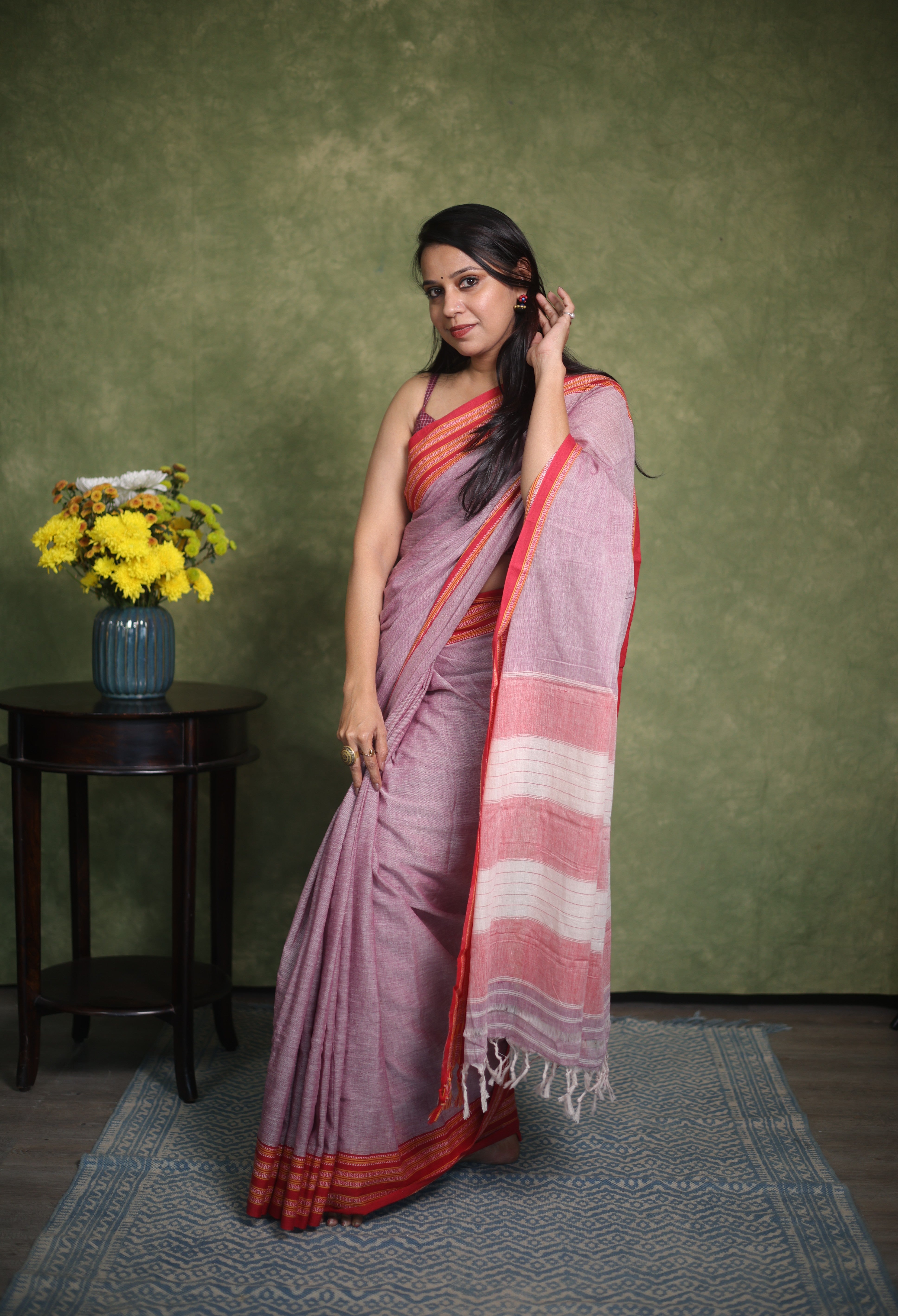 Maroon White Plain Cotton Patteda Anchu Saree - SRMWPAS277