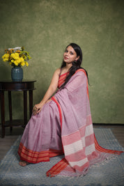 Maroon White Plain Cotton Patteda Anchu Saree - SRMWPAS277