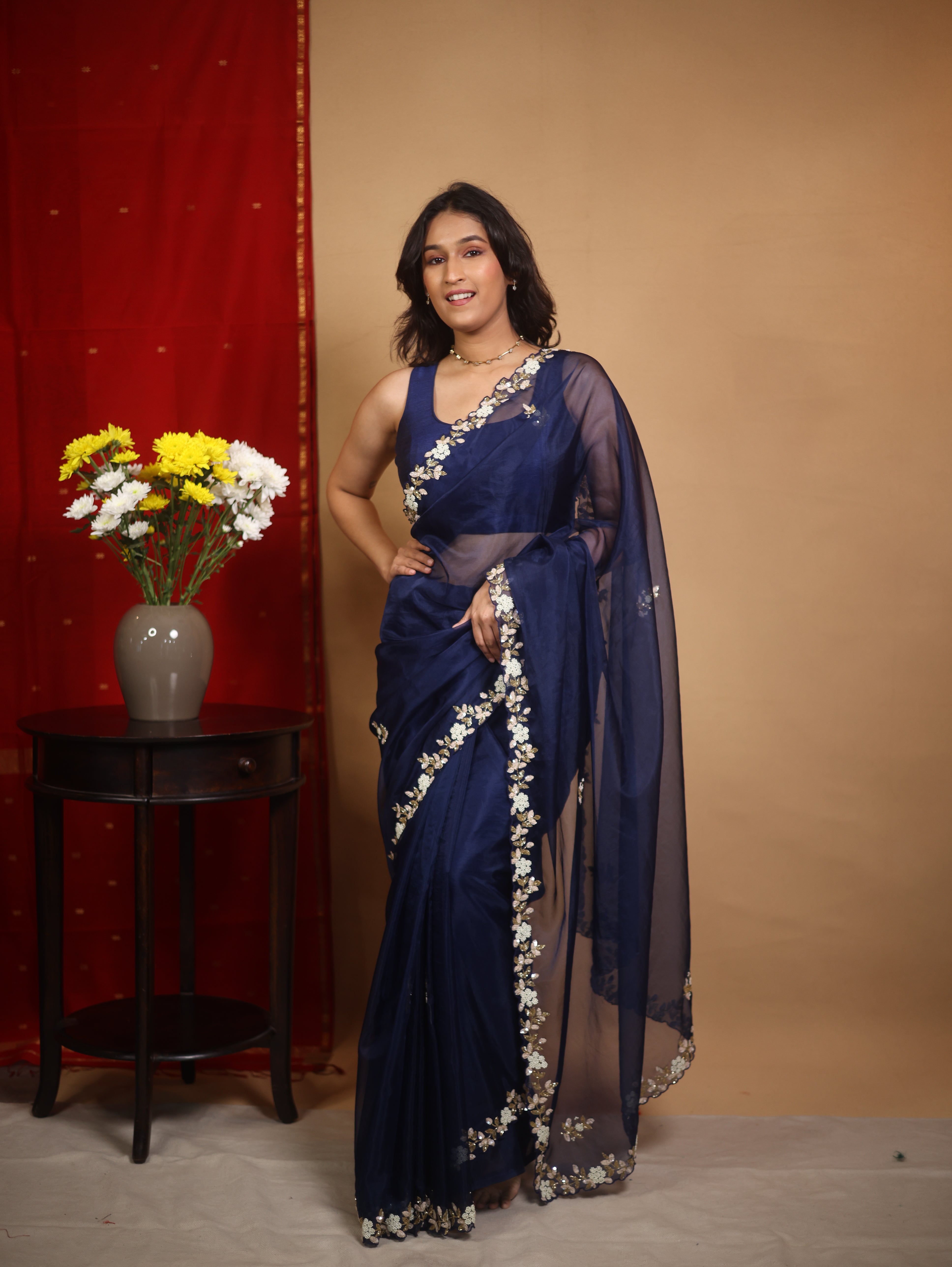 Nevy Blue Hand Embroidery Organza Sarees - SRNBHMOS10