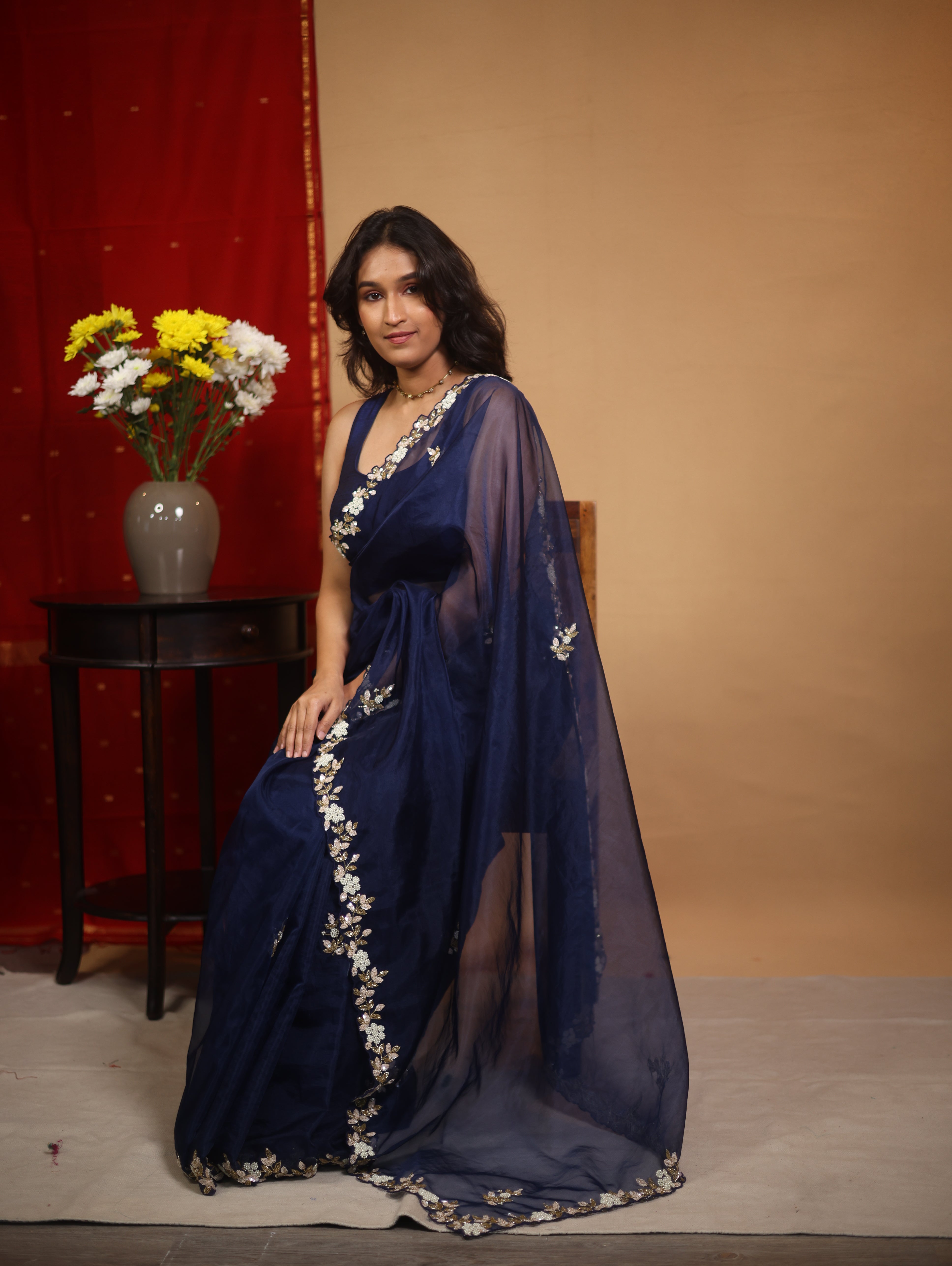 Nevy Blue Hand Embroidery Organza Sarees - SRNBHMOS10