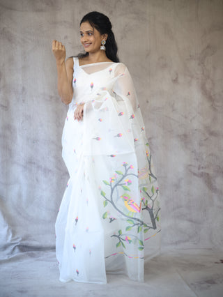 Off-White Muslin Jamdani Saree- SROWMJS17EX