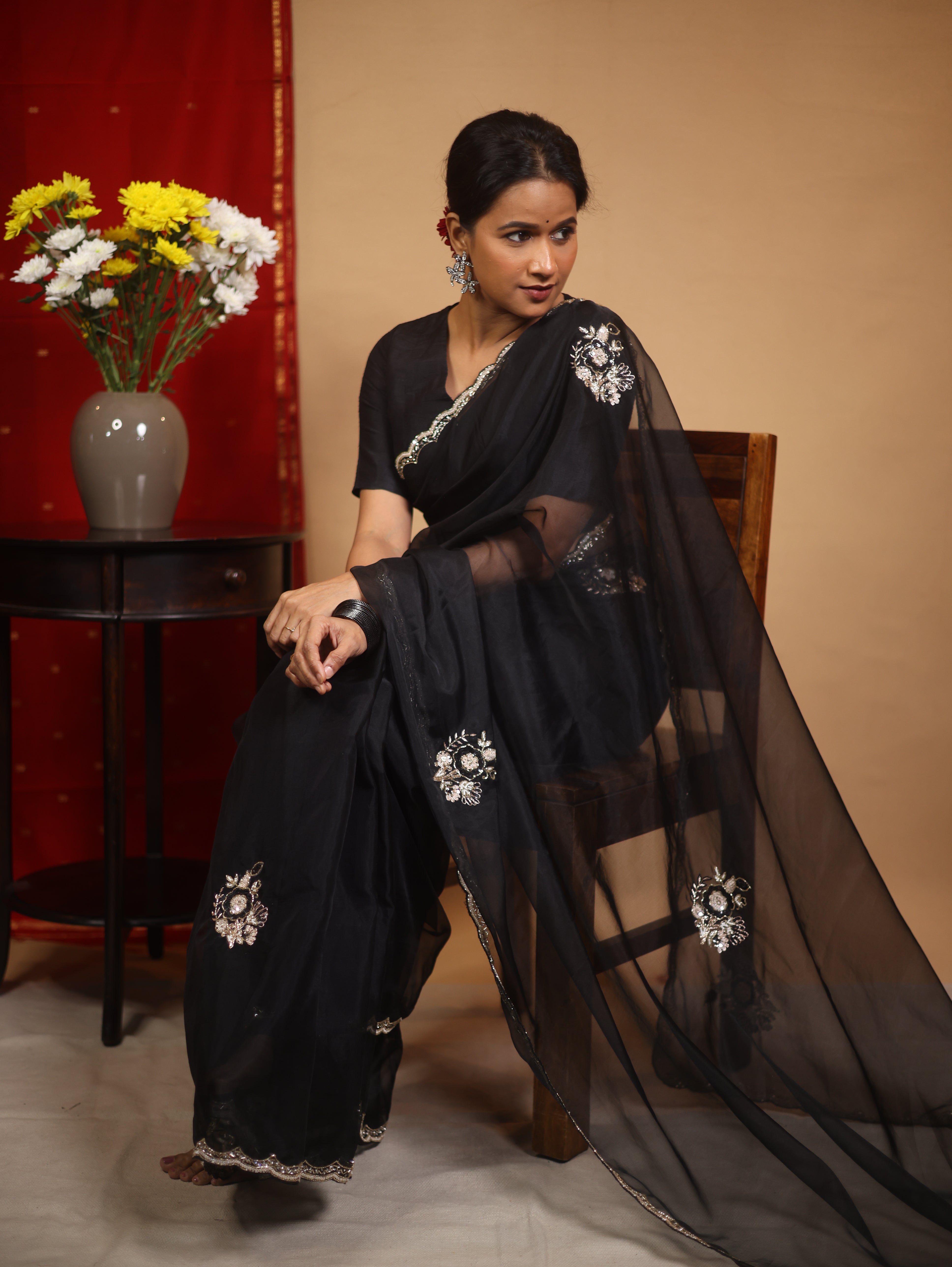 Black Hand Embroidery Organza Sarees - SRBHMOS12