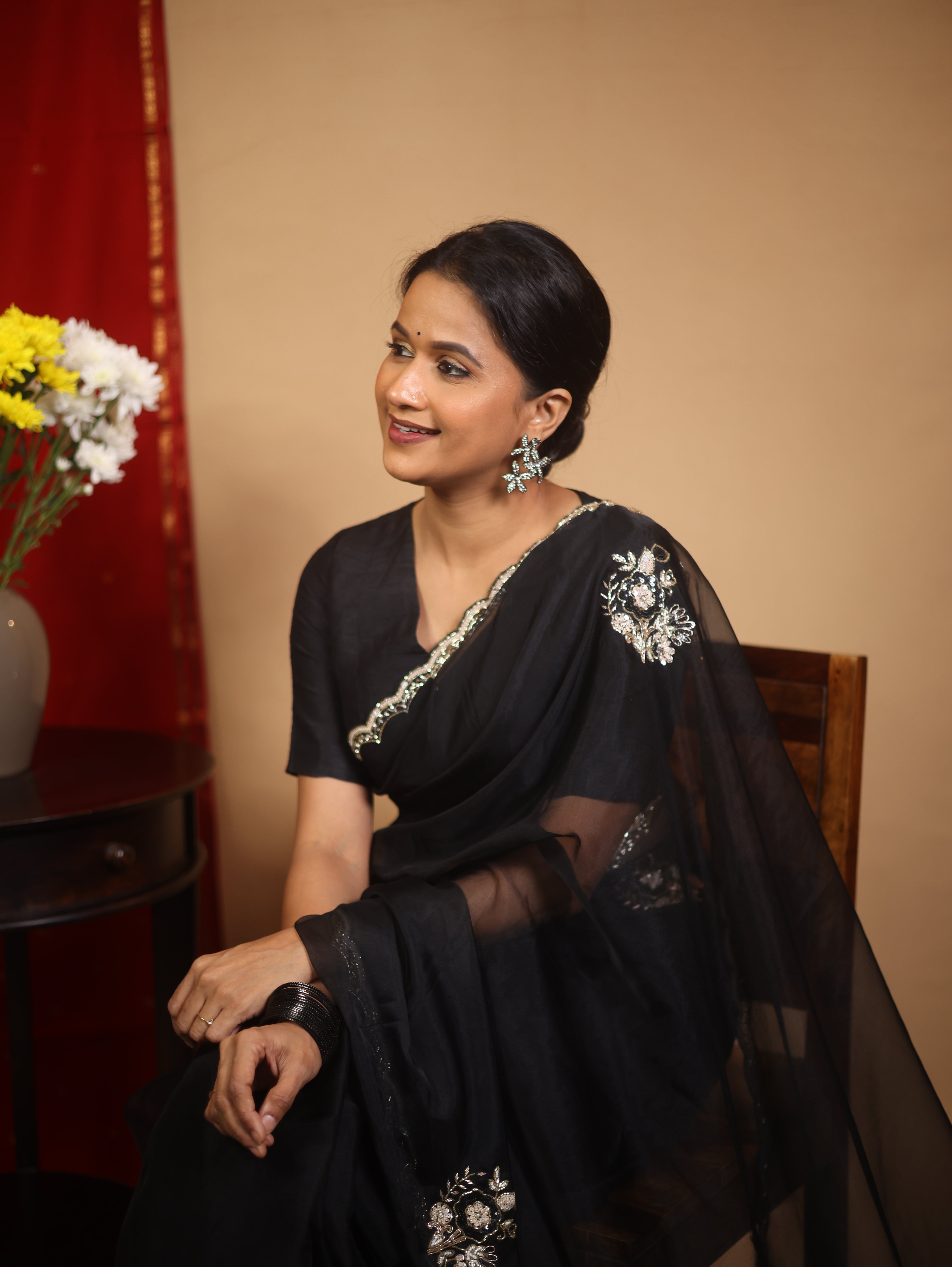 Black Hand Embroidery Organza Sarees - SRBHMOS12