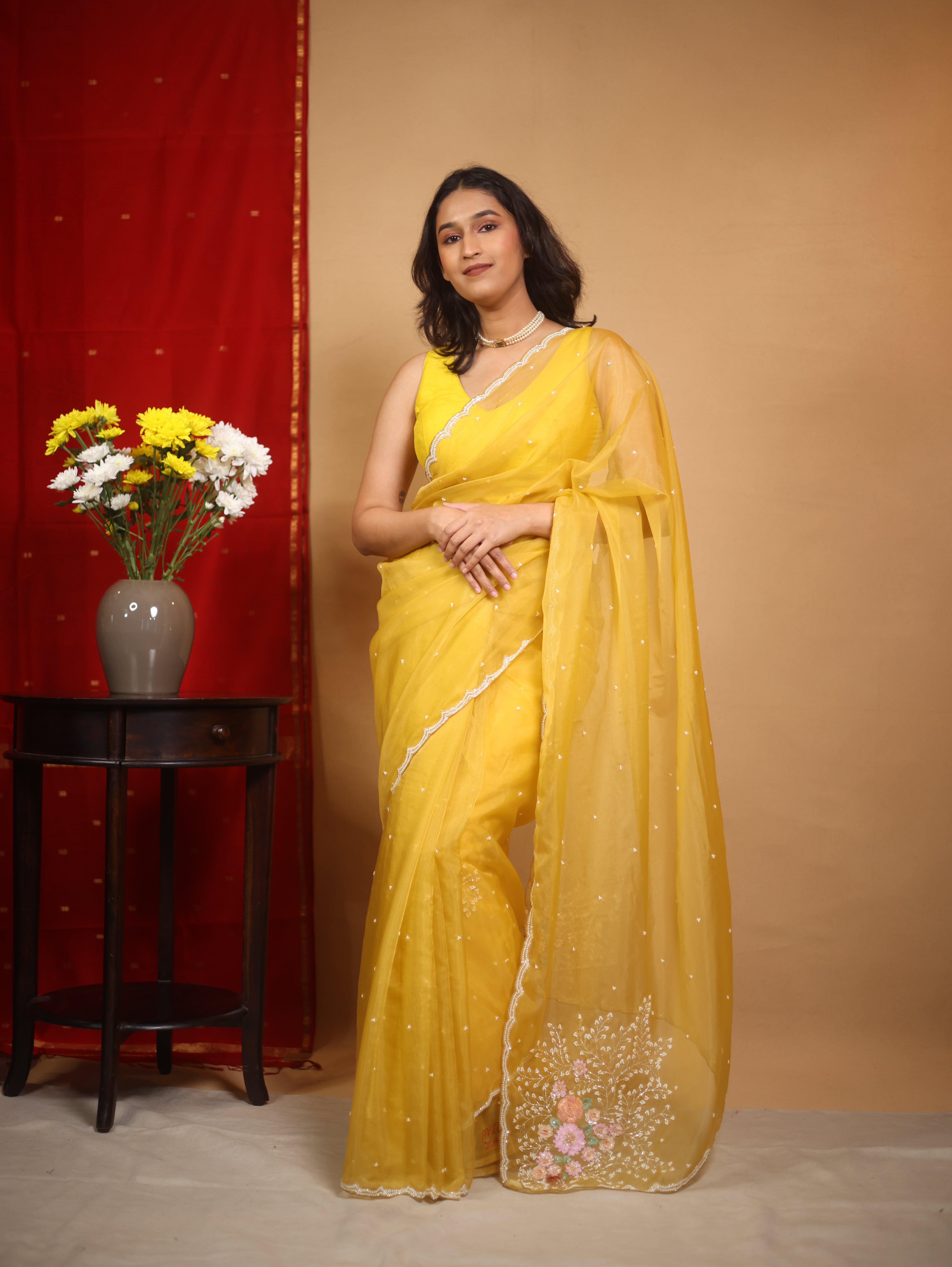 Musturd Yellow Hand Embroidery Organza Sarees - SRMYHMOS11