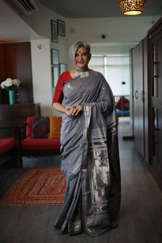 Grey Cotton Paithani Saree With Asawali Pallu - SRGCPS102