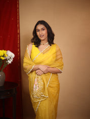 Musturd Yellow Hand Embroidery Organza Sarees - SRMYHMOS11