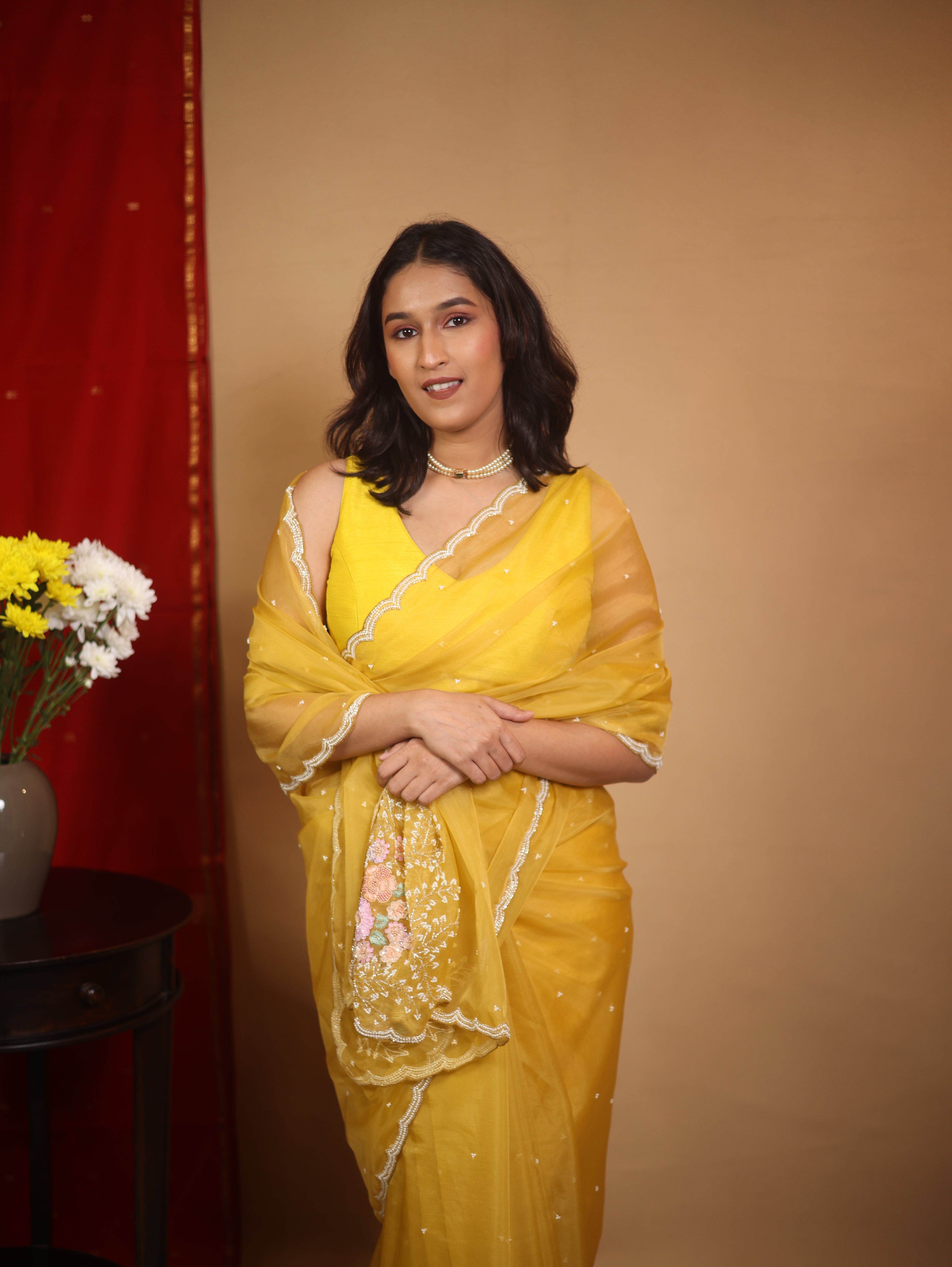 Musturd Yellow Hand Embroidery Organza Sarees - SRMYHMOS11