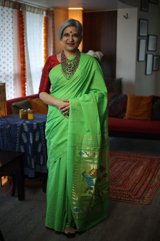 Pista Green Cotton Paithani Saree With Munia Border- SRPGCPS93