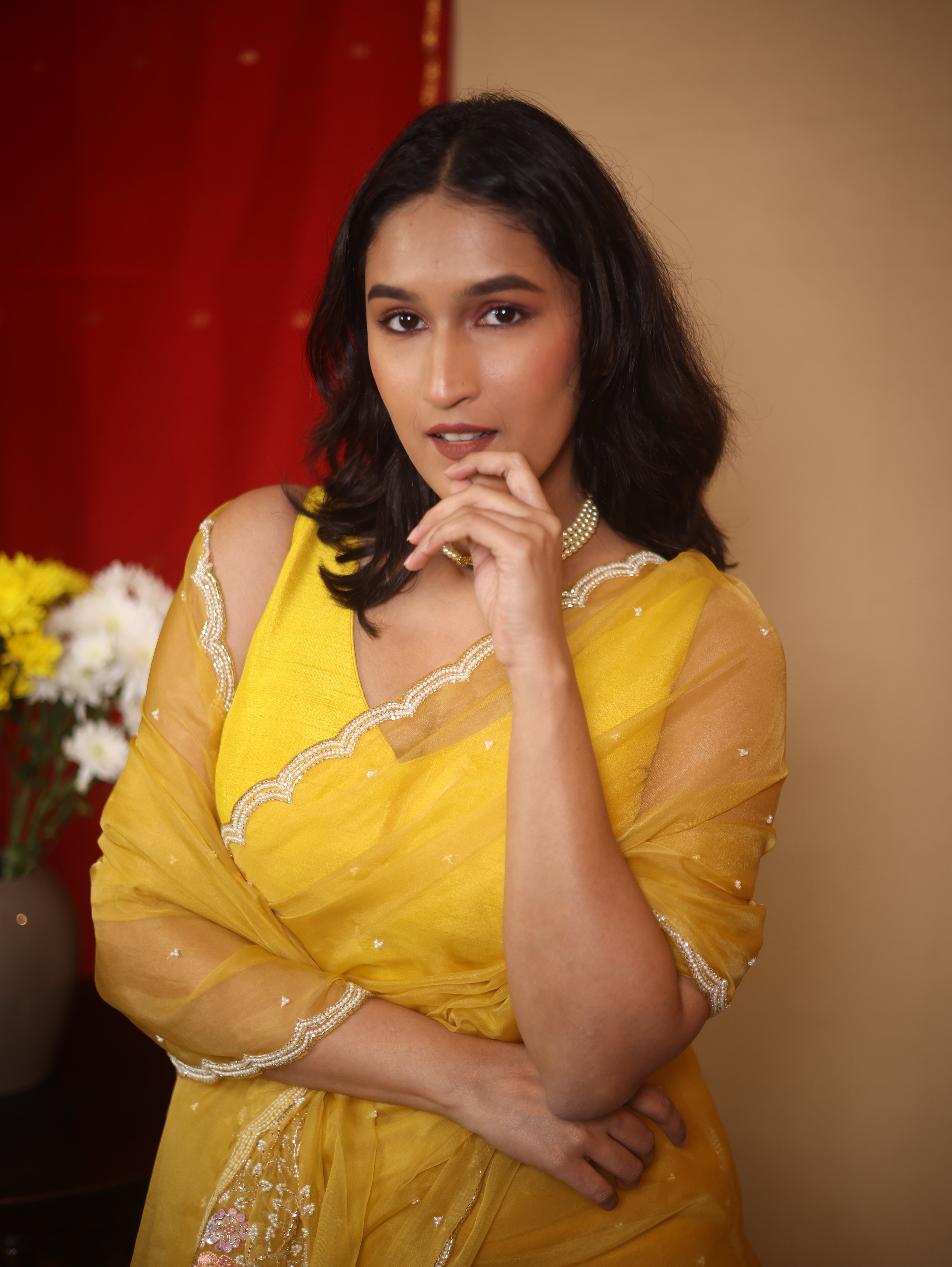 Musturd Yellow Hand Embroidery Organza Sarees - SRMYHMOS11