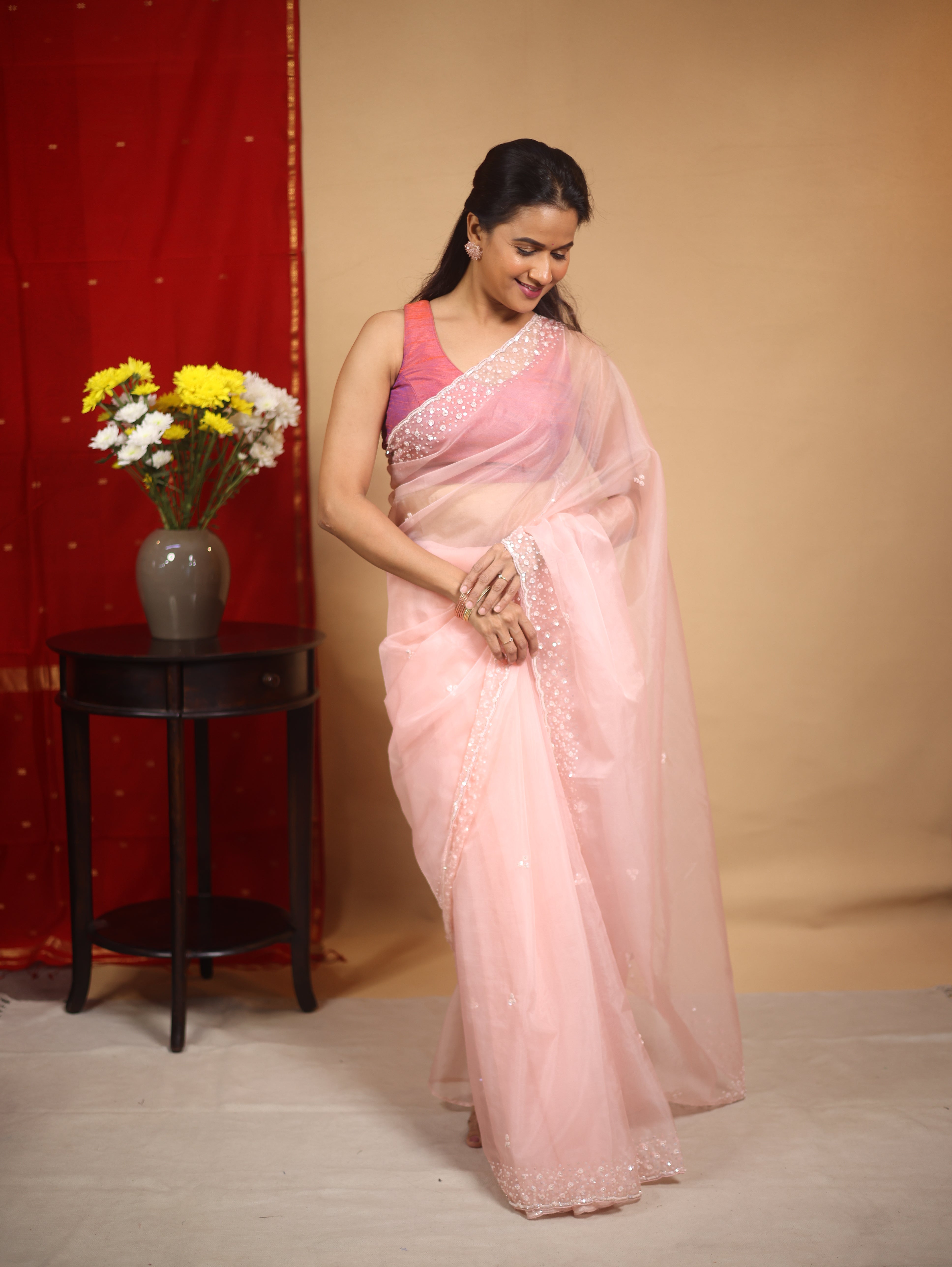 Baby Pink Hand Embroidery Organza Sarees - SRBPHMOS14