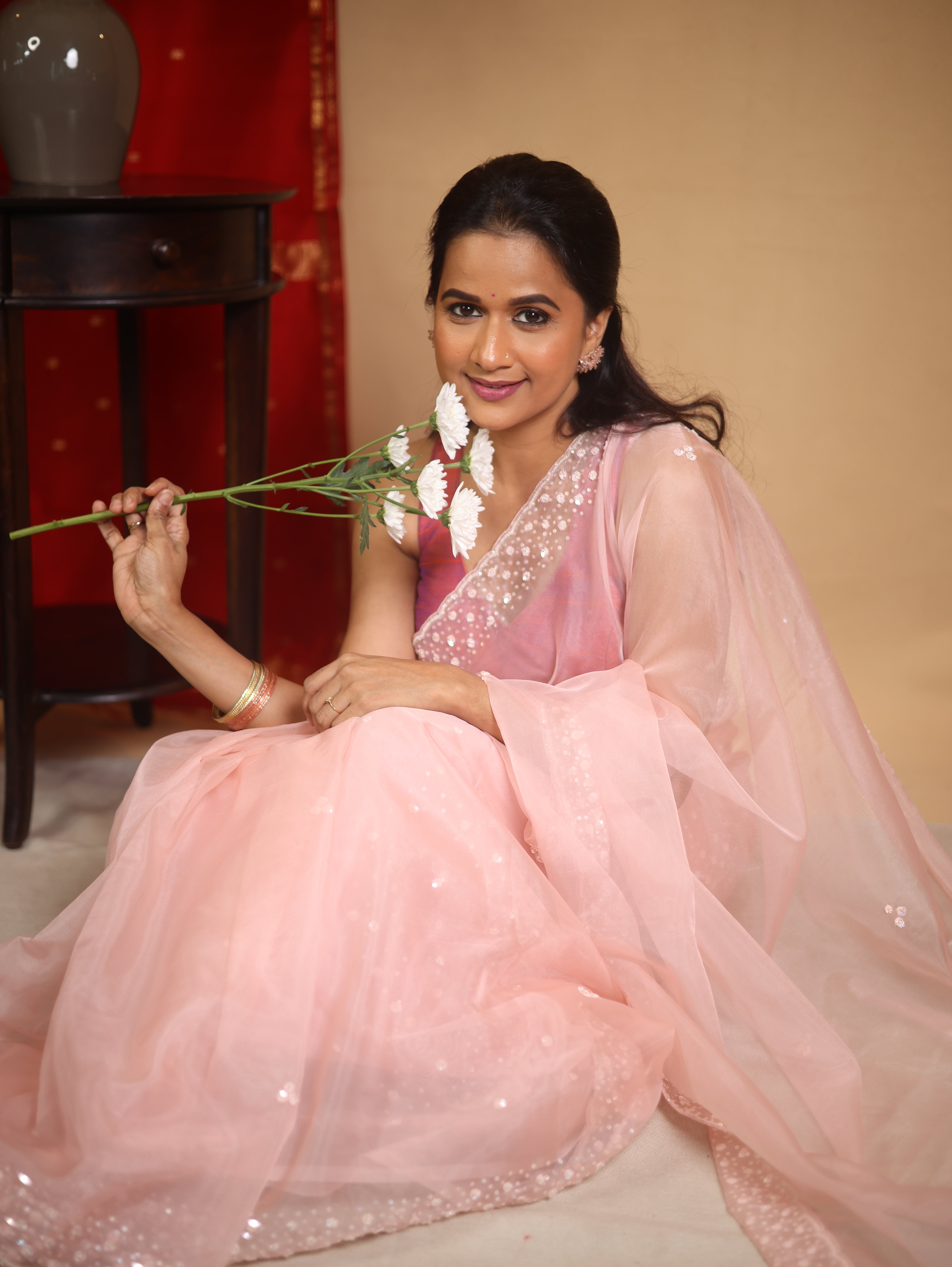 Baby Pink Hand Embroidery Organza Sarees - SRBPHMOS14