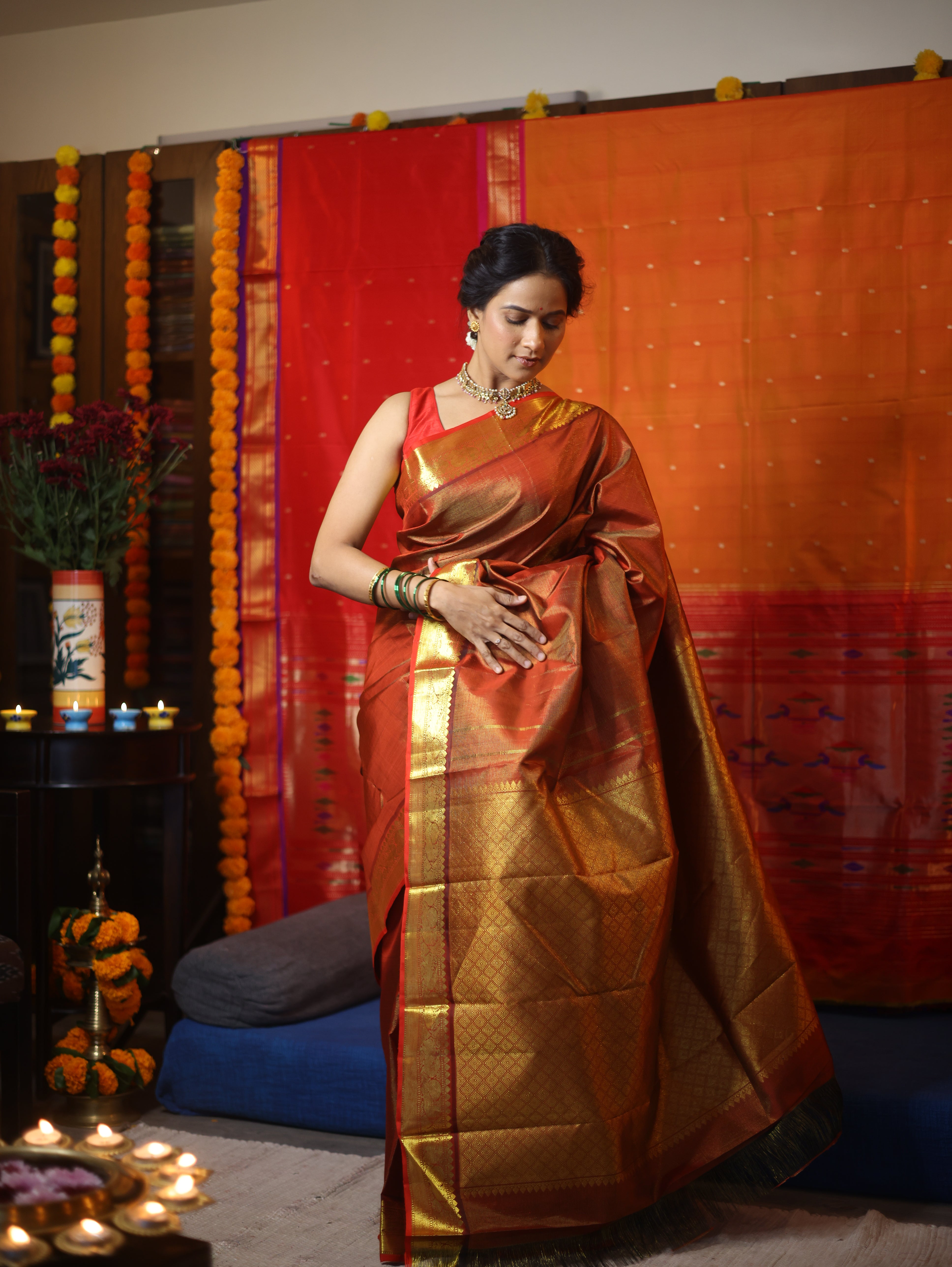 Golden Red Kanjeevaram Silk Saree-SRGRKSS467