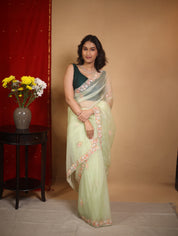 Pista Green Hand Embroidery Organza Sarees - SRPGHMOS15