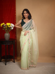 Pista Green Hand Embroidery Organza Sarees - SRPGHMOS15