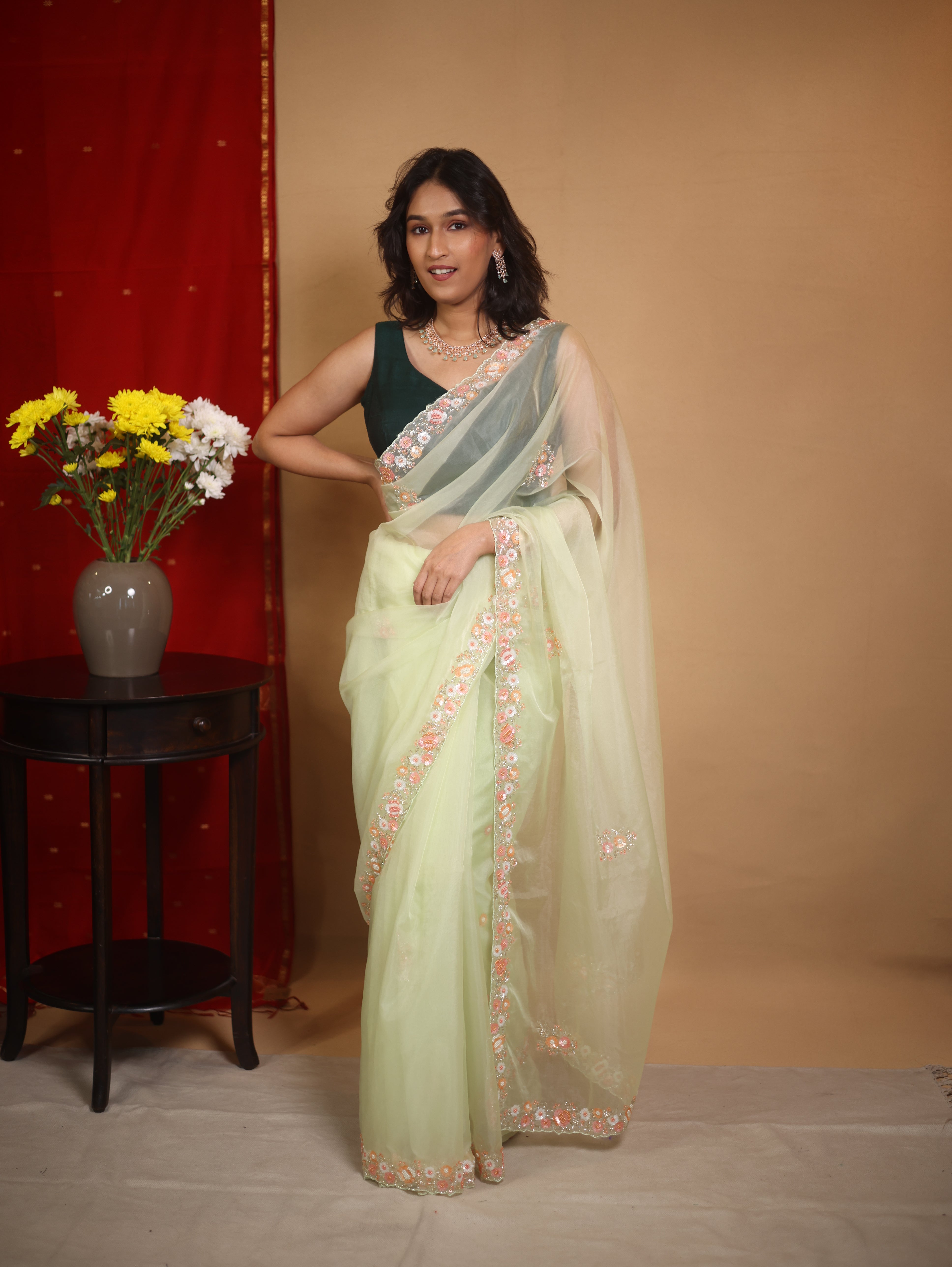 Pista Green Hand Embroidery Organza Sarees - SRPGHMOS15