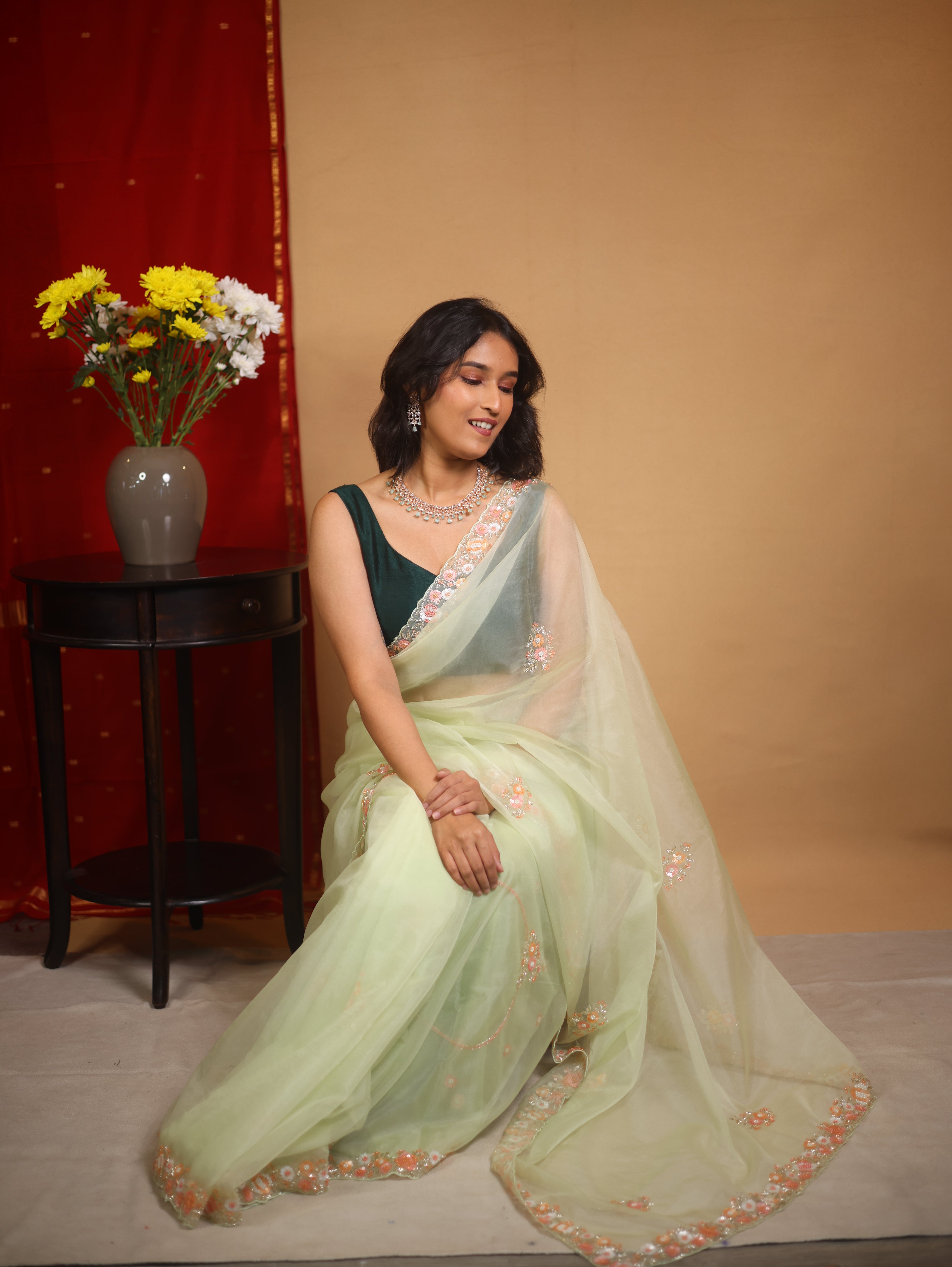 Pista Green Hand Embroidery Organza Sarees - SRPGHMOS15