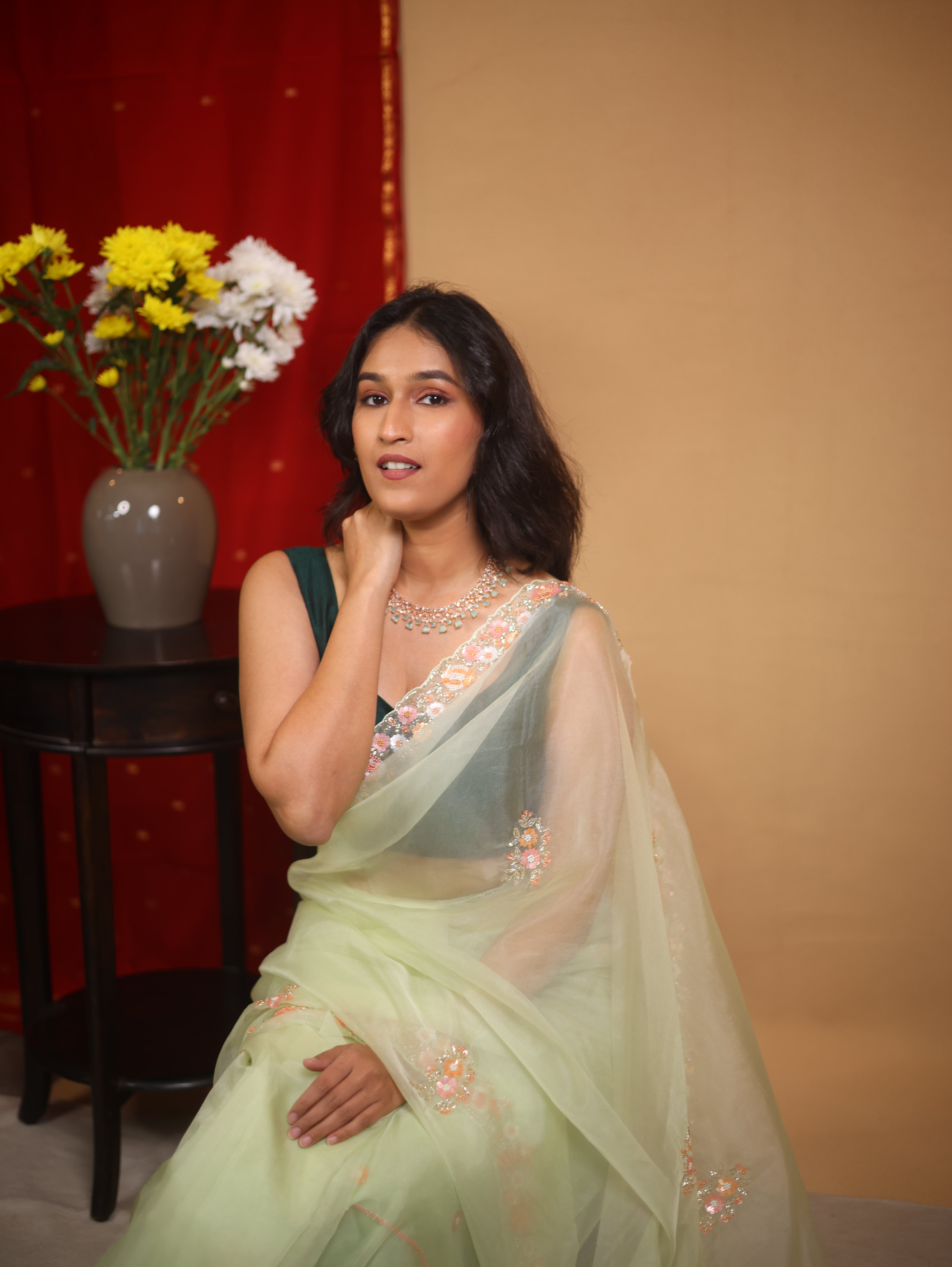 Pista Green Hand Embroidery Organza Sarees - SRPGHMOS15
