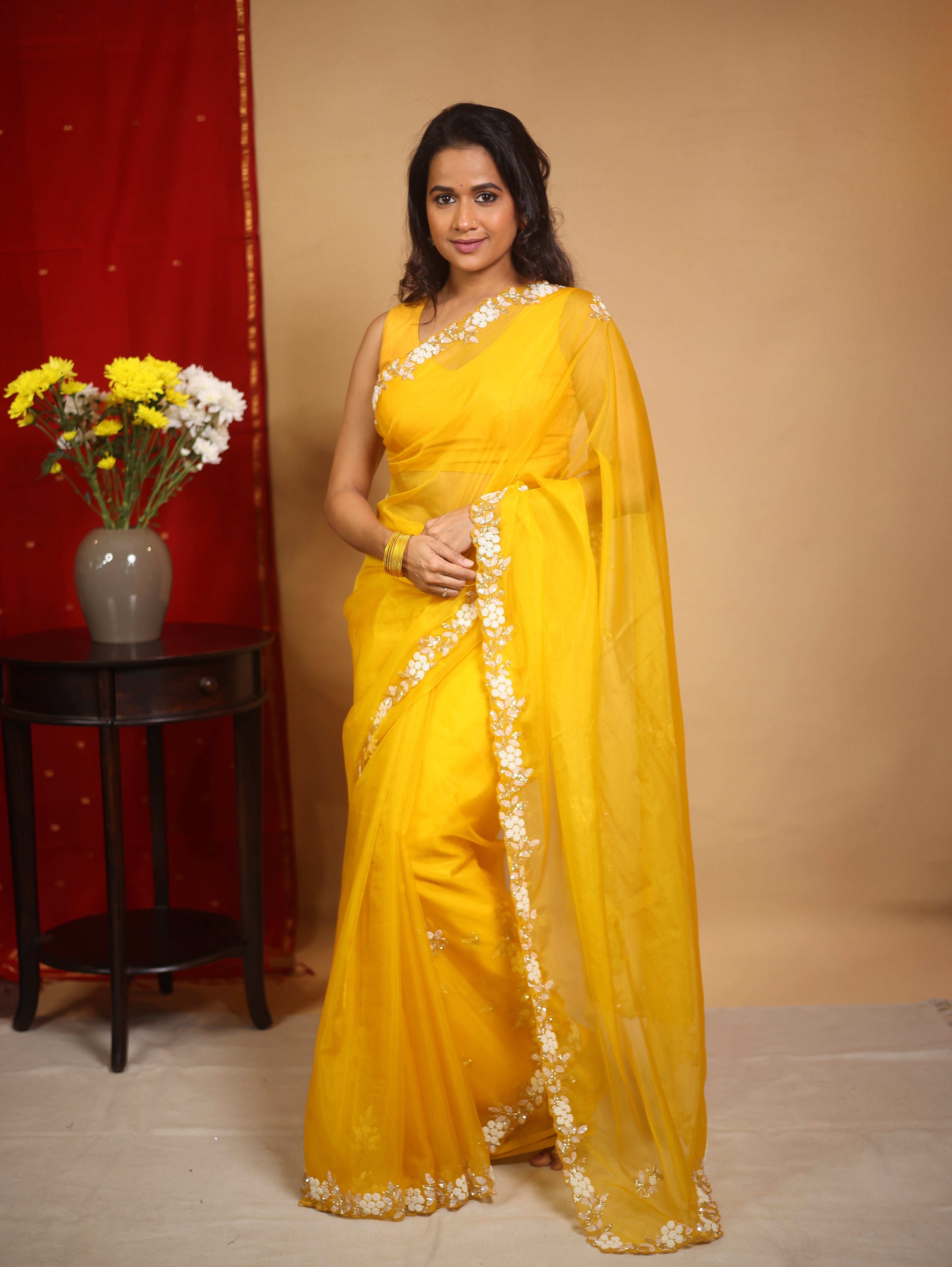 Mango Yellow Hand Embroidery Organza Sarees - SRMYHMOS16