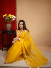 Mango Yellow Hand Embroidery Organza Sarees - SRMYHMOS16