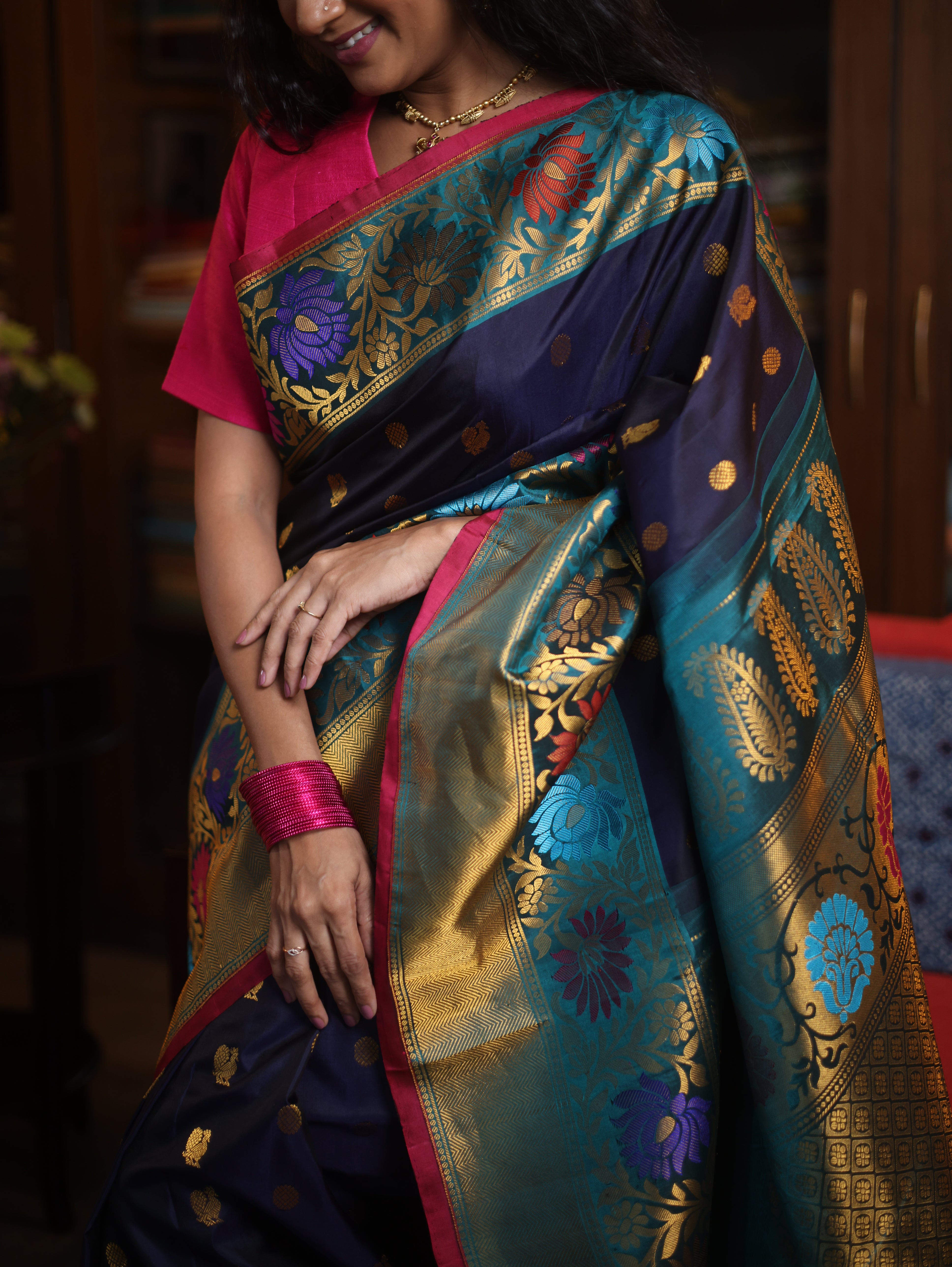 Midnight Blue Gadwal Silk Saree - SRMBGSS295