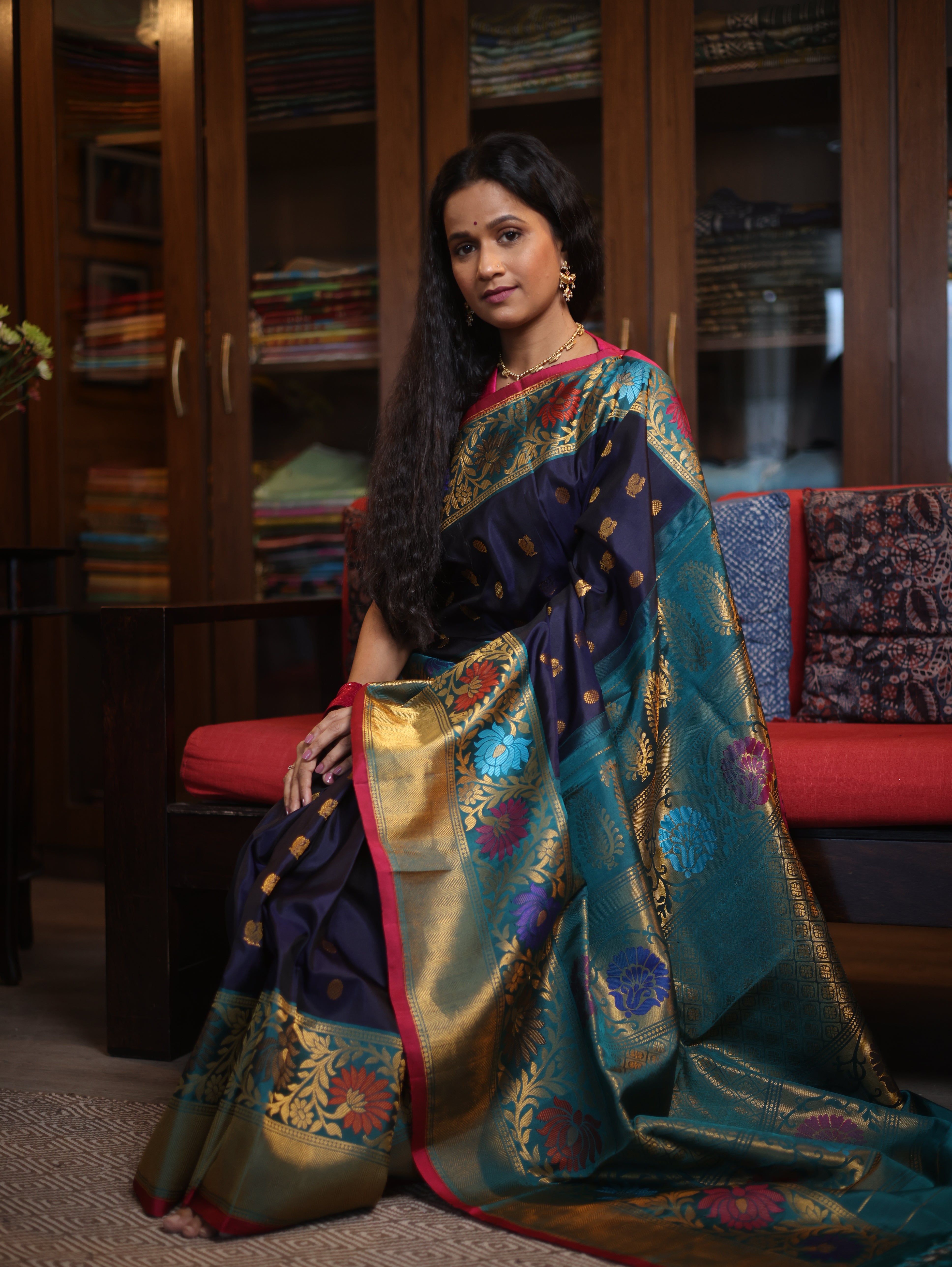 Midnight Blue Gadwal Silk Saree - SRMBGSS295