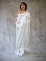 White Parrot Design Linen Jamdani Saree - SRWLJS212