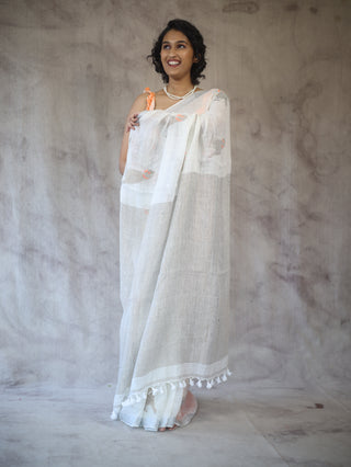 White Parrot Design Linen Jamdani Saree -SRWLJS212