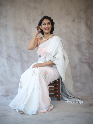 White Parrot Design Linen Jamdani Saree -SRWLJS212