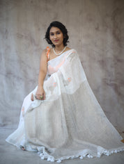 White Parrot Design Linen Jamdani Saree - SRWLJS212