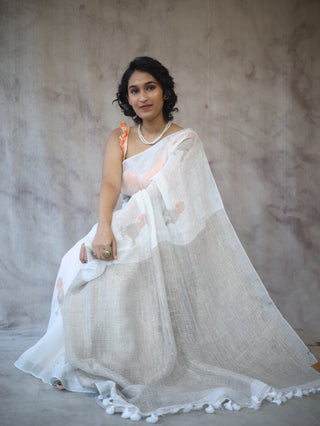 White Parrot Design Linen Jamdani Saree -SRWLJS212