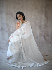 White Parrot Design Linen Jamdani Saree - SRWLJS212