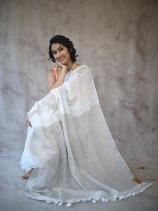 White Parrot Design Linen Jamdani Saree -SRWLJS212