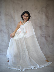 White Parrot Design Linen Jamdani Saree - SRWLJS212