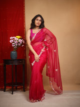 Rani Pink Hand Embroidery Organza Sarees - SRRPHMOS17