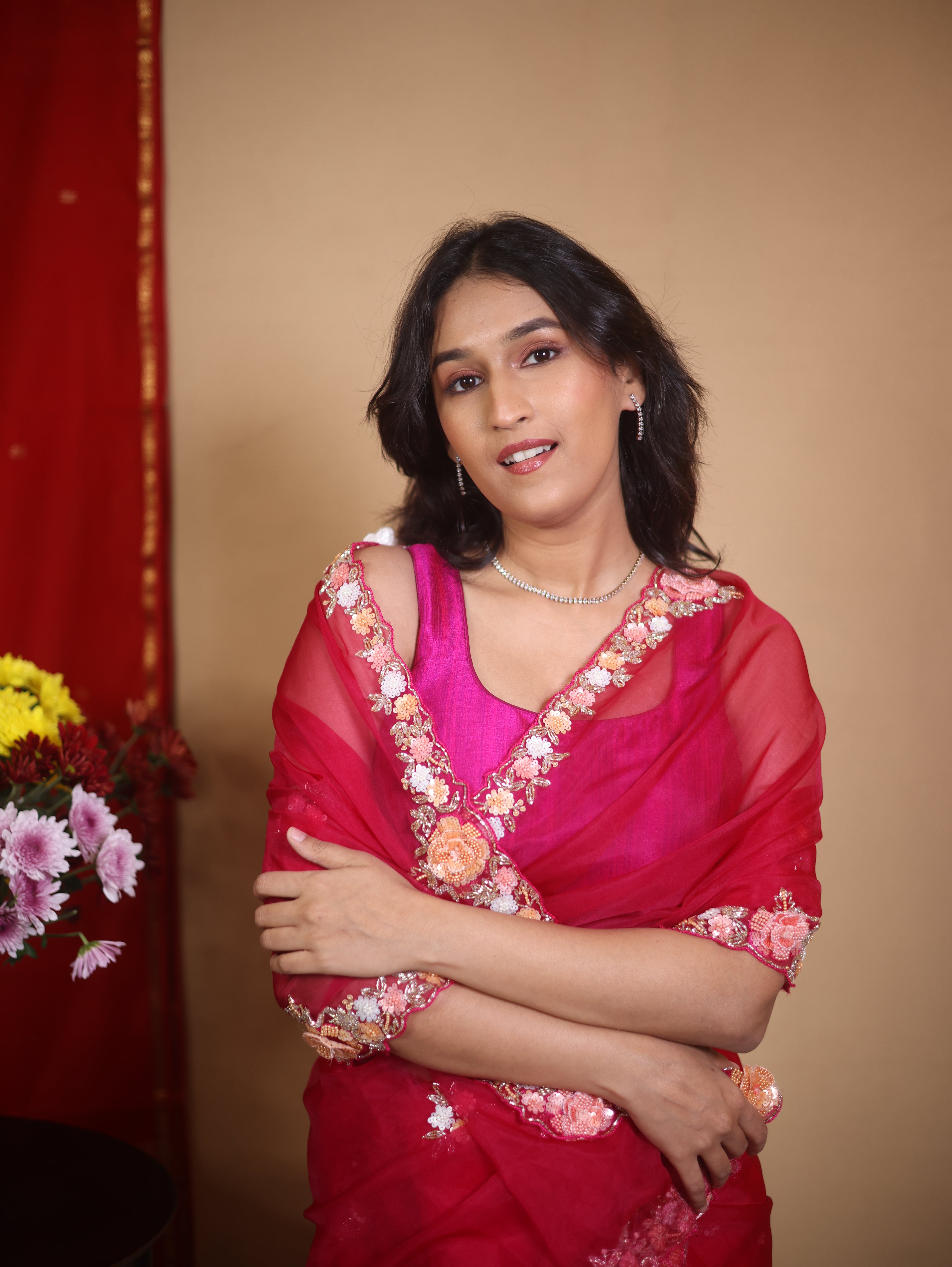 Rani Pink Hand Embroidery Organza Sarees - SRRPHMOS17