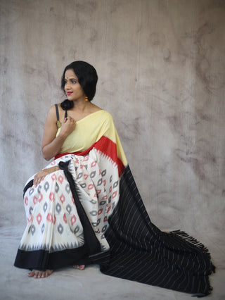 White Pochampalli Cotton Ikat Saree-SRWPCIS155