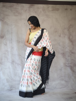 White Pochampalli Cotton Ikat Saree-SRWPCIS155