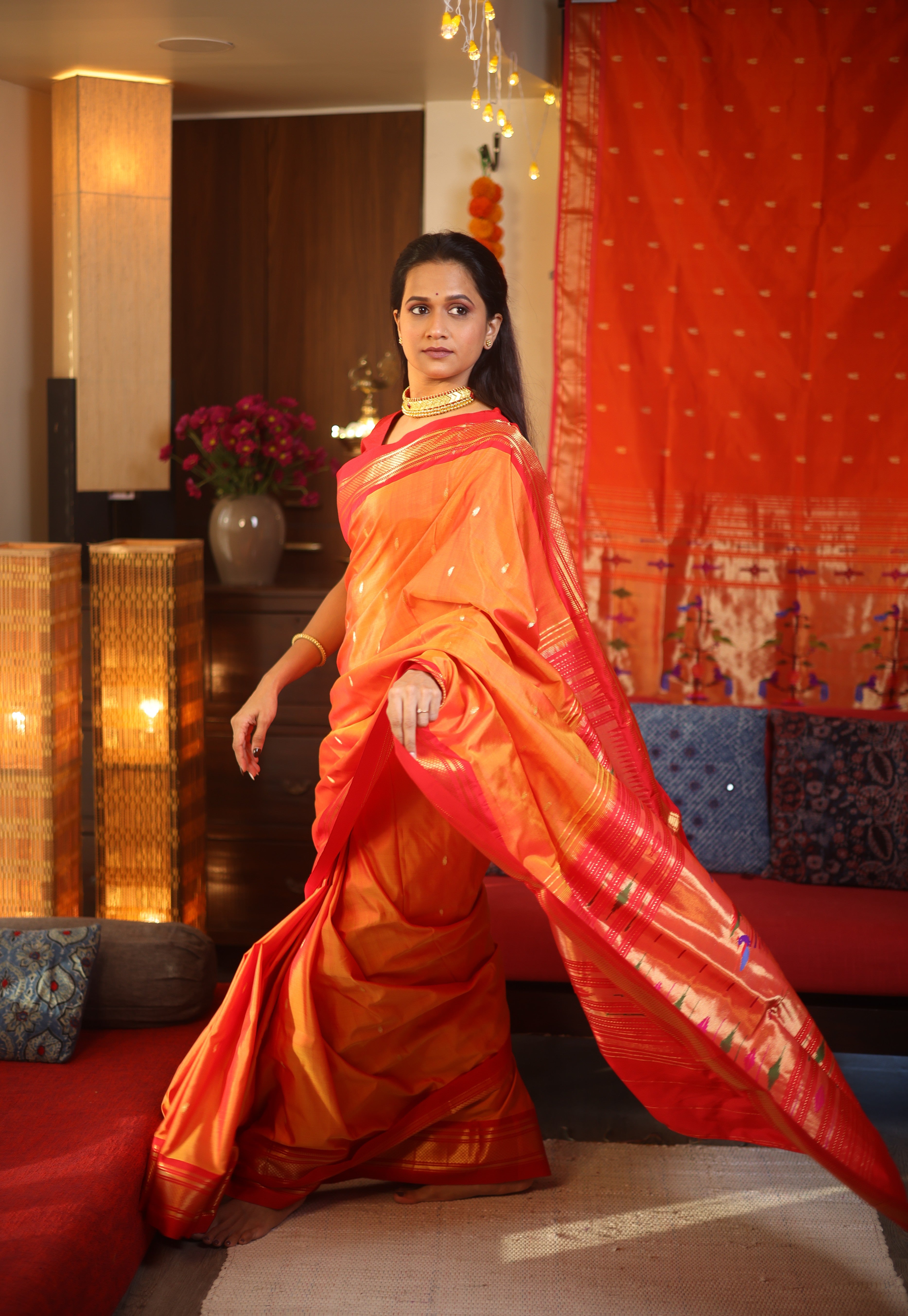 Two Tone Orange Silk Paithani Saree - SRTTOSPS60-PI