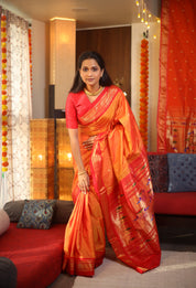 Two Tone Orange Silk Paithani Saree - SRTTOSPS60-PI