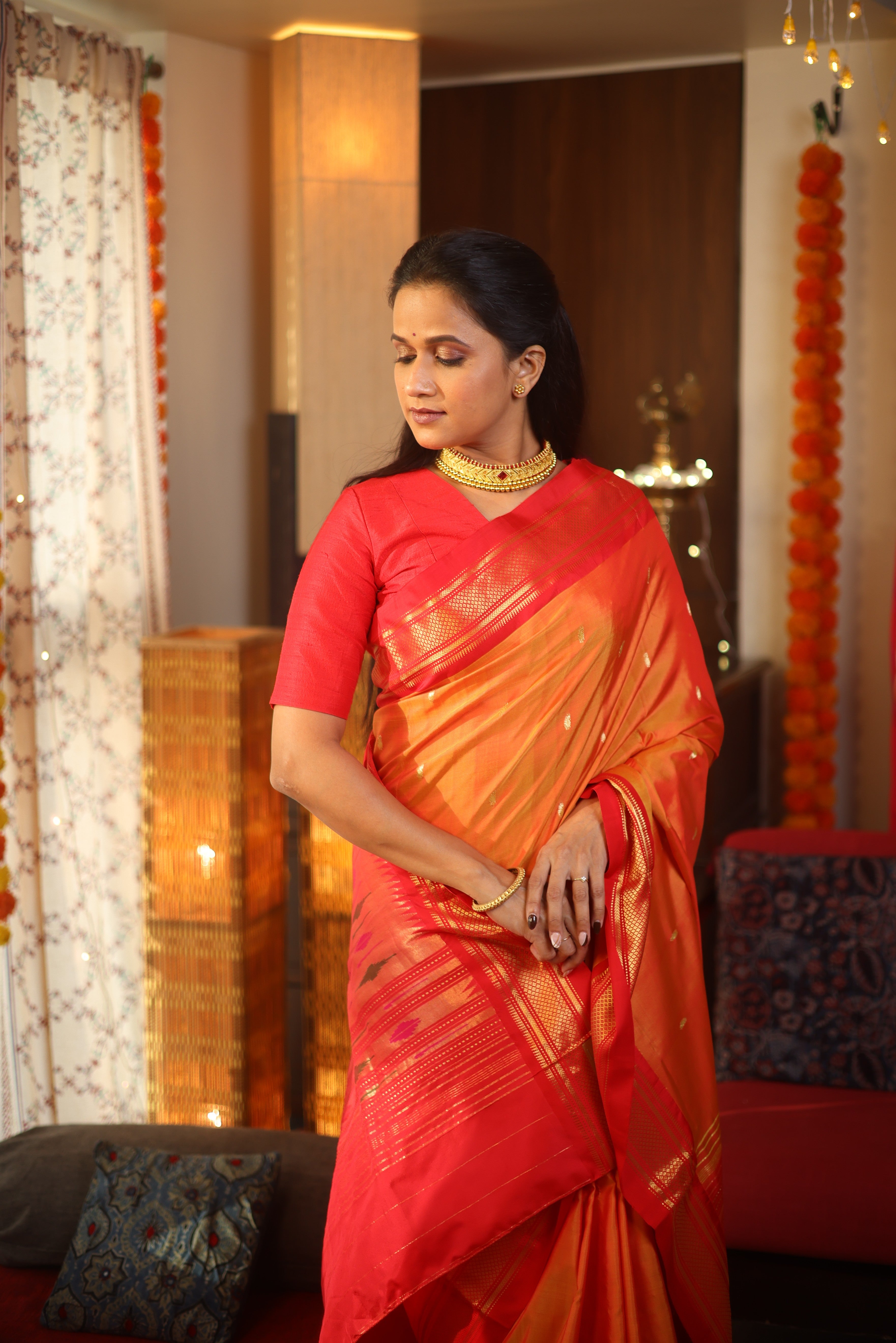 Two Tone Orange Silk Paithani Saree - SRTTOSPS60-PI