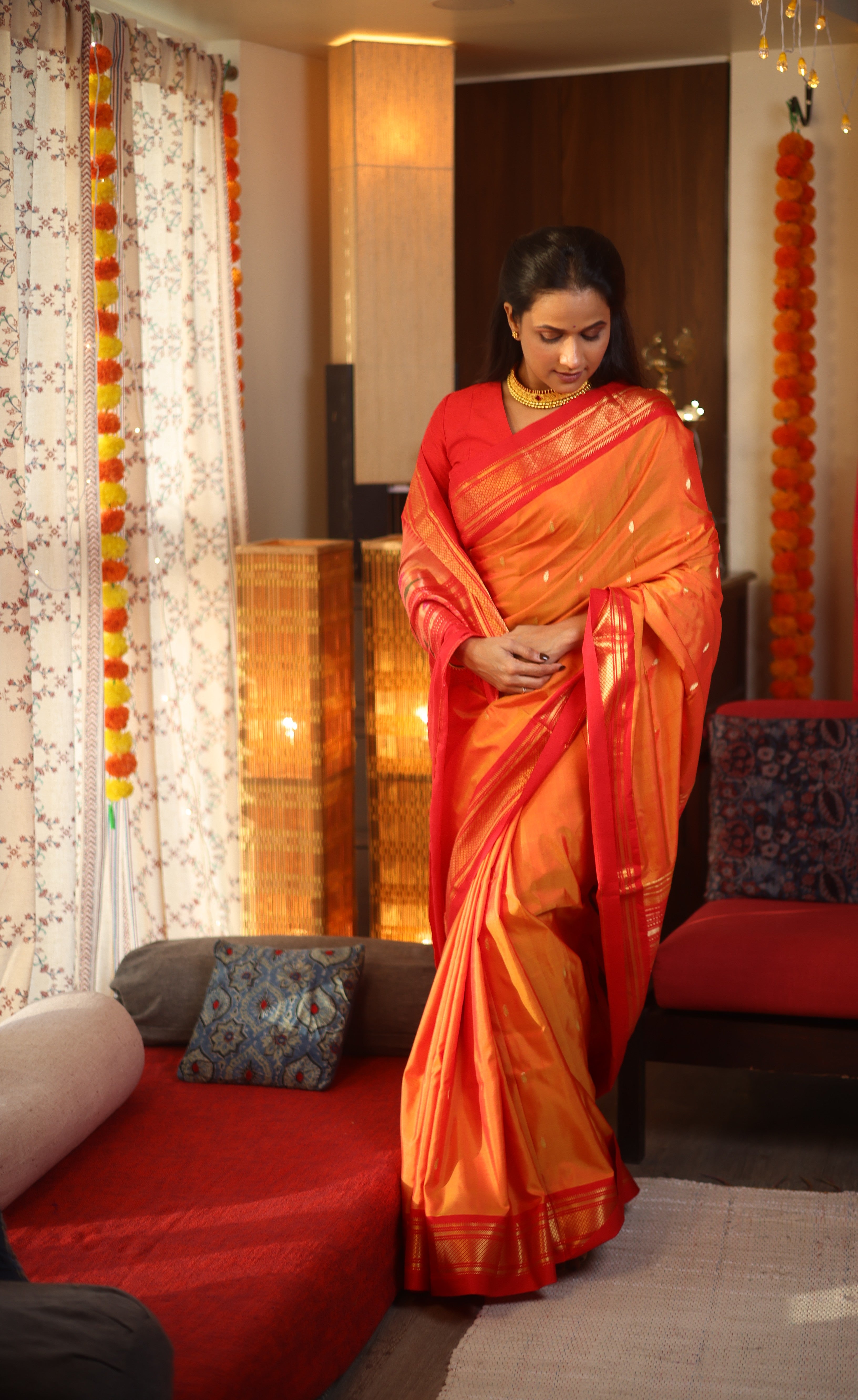 Two Tone Orange Silk Paithani Saree - SRTTOSPS60-PI